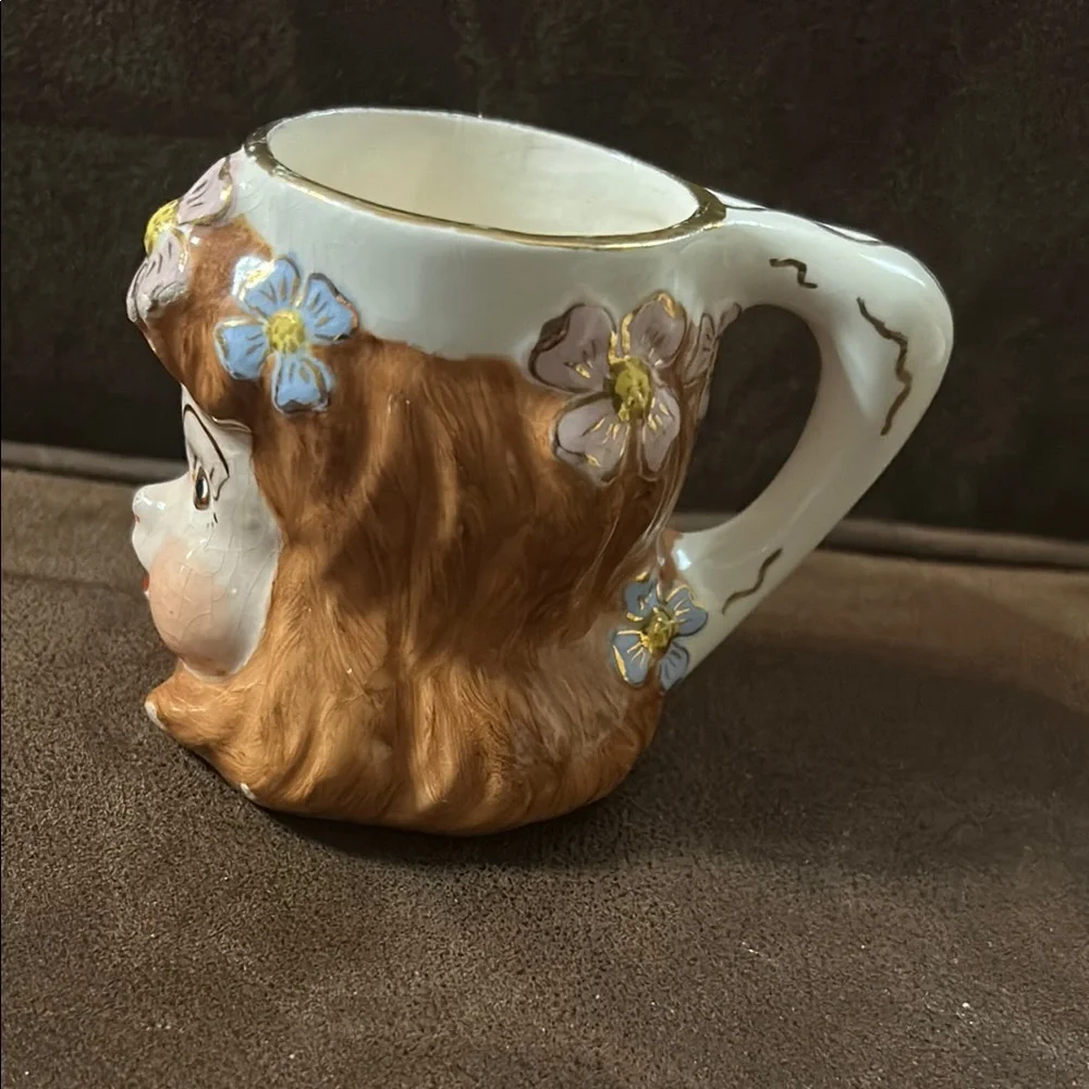 Vintage Ceramic Face Mug with Floral Design
